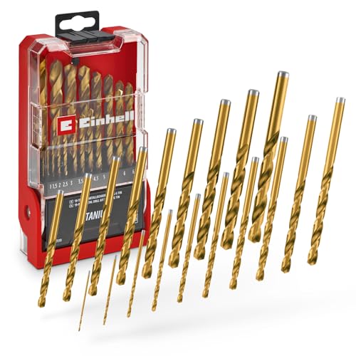 Original Einhell 19-tlg. HSS-G Titan Metallbohrer-Set (im Ganzen geschliffener HSS 4341 Stahl, titanbeschichtet, 135°-Split-Point-Spitze, gefräste Typ N Spirale, Rundschaft) von Einhell
