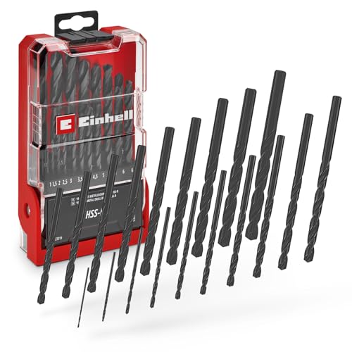 Original Einhell 19-tlg. HSS-R Metallbohrer-Set (HSS 4241 Stahl, schwarz brüniert, 135°-Bohrspitze, rollgewalzte Typ N Spirale, Rundschaft inkl. Aufbewahrungskassette) von Einhell