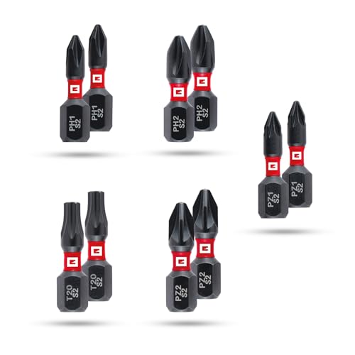 Original Einhell Impact-Bits, 25 mm, PH1/PH2/PZ1/PZ2/T20 (S2-Stahl, Torsionszone, effiziente Kraftübertragung, roter Farbring, C 6.3 Schaft) von Einhell
