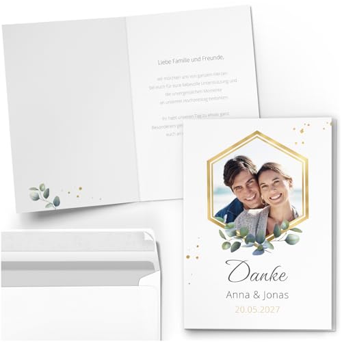 10 Dankeskarten Hochzeit | Danke personalisiert mit Foto und Text | Eukalyptus Danksagungskarten Dankekarten doppelseitig | Karten mit Umschlägen von Einladungskarten Manufaktur Hamburg
