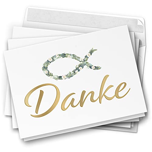 10 Dankeskarten kirchlich - Motiv Blätterfisch edel - moderne Klappkarten mit Umschlägen - Danke sagen nach Kommunion, Konfirmation, Taufe, Hochzeit von Einladungskarten Manufaktur Hamburg