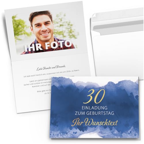 10 Einladungskarten Einladung 30. Geburtstag mit Text und Foto personalisiert inkl. Umschlag - Geburtstagseinladung Karten zum Einladen Blau Aqurarell von Einladungskarten Manufaktur Hamburg