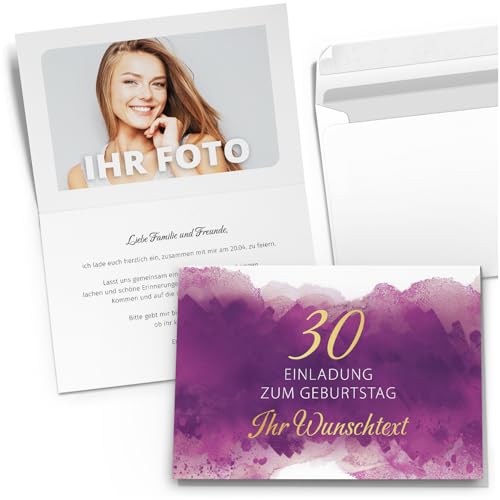 10 Einladungskarten Einladung 30. Geburtstag mit Text und Foto personalisiert inkl. Umschlag - Geburtstagseinladung Karten zum Einladen Lila Aquarell von Einladungskarten Manufaktur Hamburg