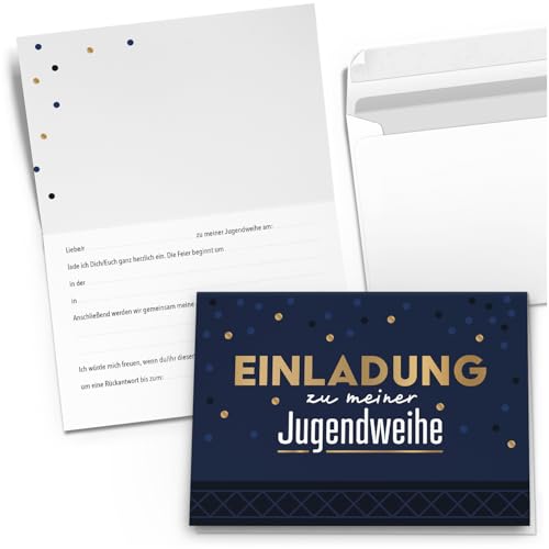 10 Einladungskarten Einladung Klappkarten Jugendweihe mit Umschlag zum selber ausfüllen - Umschläge Modern Blau Konfetti Gold Look 10 Einladungskarten Einladung Klappkarten Jugendweihe mit Umschlag zum selber ausfüllen - Umschläge Modern Blau Konfetti Gold Look von Einladungskarten Manufaktur Hamburg