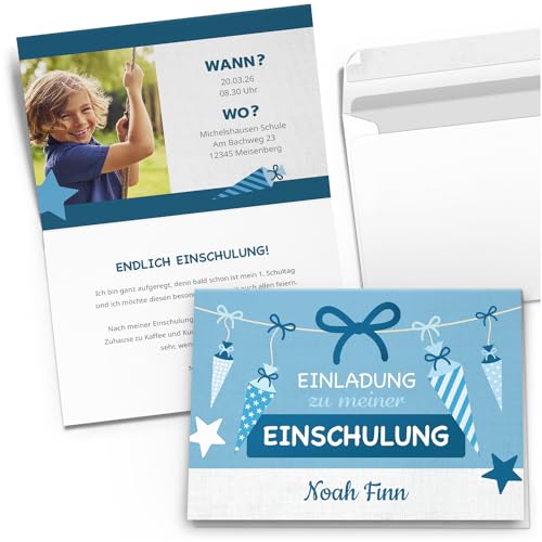 10 Einladungskarten Einschulung mit Foto und Text personalisiert mit Umschlägen Schulanfang Motiv Blau Schultüte Jungen Einladung 10 Einladungskarten Einschulung mit Foto und Text personalisiert mit Umschlägen Schulanfang Motiv Blau Schultüte Jungen Einladung von Einladungskarten Manufaktur Hamburg