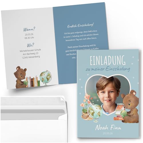 10 Einladungskarten Einschulung mit Foto und Text personalisiert mit Umschlägen Motiv Herz niedlich blau Einladung 10 Einladungskarten Einschulung mit Foto und Text personalisiert mit Umschlägen Motiv Herz niedlich blau Einladung von Einladungskarten Manufaktur Hamburg