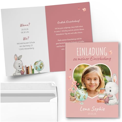 10 Einladungskarten Einschulung mit Foto und Text personalisiert mit Umschlägen Schulanfang Motiv Herz niedlich rosa Mädchen Einladung 10 Einladungskarten Einschulung mit Foto und Text personalisiert mit Umschlägen Schulanfang Motiv Herz niedlich rosa Mädchen Einladung von Einladungskarten Manufaktur Hamburg