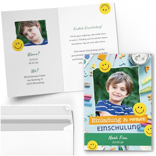 10 Einladungskarten Einschulung mit Foto und Text personalisiert mit Umschlägen Motiv Lustig Modern Einladung 10 Einladungskarten Einschulung mit Foto und Text personalisiert mit Umschlägen Motiv Lustig Modern Einladung von Einladungskarten Manufaktur Hamburg