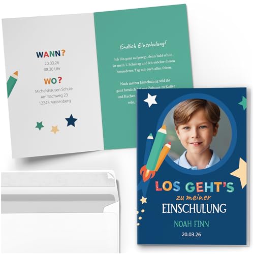 10 Einladungskarten Einschulung mit Foto und Text personalisiert Schulanfang mit Umschlägen Motiv Rakete Blau Jungen Einladung 10 Einladungskarten Einschulung mit Foto und Text personalisiert Schulanfang mit Umschlägen Motiv Rakete Blau Jungen Einladung von Einladungskarten Manufaktur Hamburg