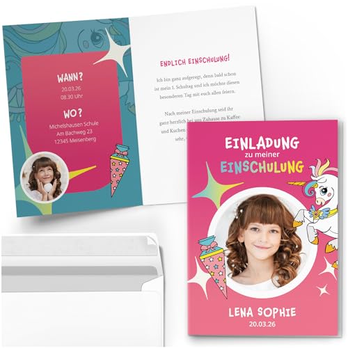 10 Einladungskarten Einschulung mit Foto und Text personalisiert mit Umschlägen Motiv Rosa Einhorn Mädchen Einladung von Einladungskarten Manufaktur Hamburg
