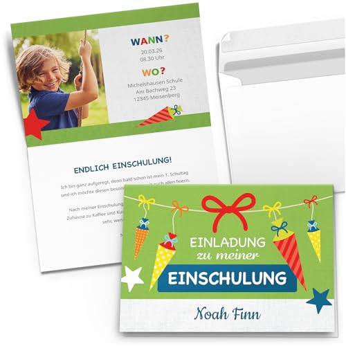 10 Einladungskarten Einschulung mit Foto und Text personalisiert mit Umschlägen Motiv Schultüte Junge Mädchen Einladung 10 Einladungskarten Einschulung mit Foto und Text personalisiert mit Umschlägen Motiv Schultüte Junge Mädchen Einladung von Einladungskarten Manufaktur Hamburg