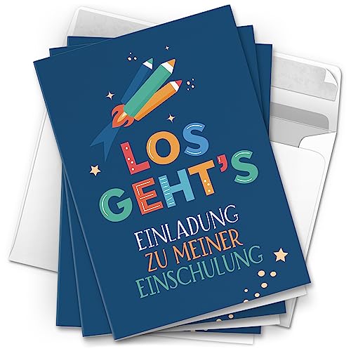 10 Einladungskarten Einschulung mit Umschlag Erste Klasse 1. Schultag Schule Klappkarten Design Buntstiftraketen Bunt Blau von Einladungskarten Manufaktur Hamburg