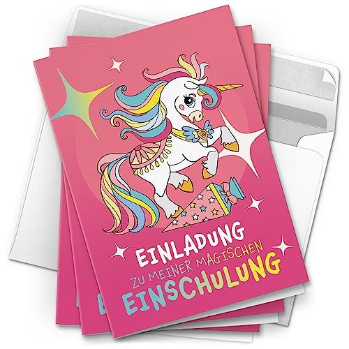 10 Einladungskarten Einschulung mit Umschlag Erste Klasse 1. Schultag Schule Klappkarten Design Einhorn Pony Rosa Mädchen von Einladungskarten Manufaktur Hamburg