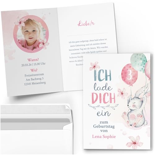 10 Einladungskarten Kindergeburtstag PERSONALISIERT mit Text und Foto | Aquarell Hase Ballons Pastell | Kinder Geburtstag Einladung individuell anpassbar mit Umschlägen 10 Einladungskarten Kindergeburtstag PERSONALISIERT mit Text und Foto | Aquarell Hase Ballons Pastell | Kinder Geburtstag Einladung individuell anpassbar mit Umschlägen von Einladungskarten Manufaktur Hamburg