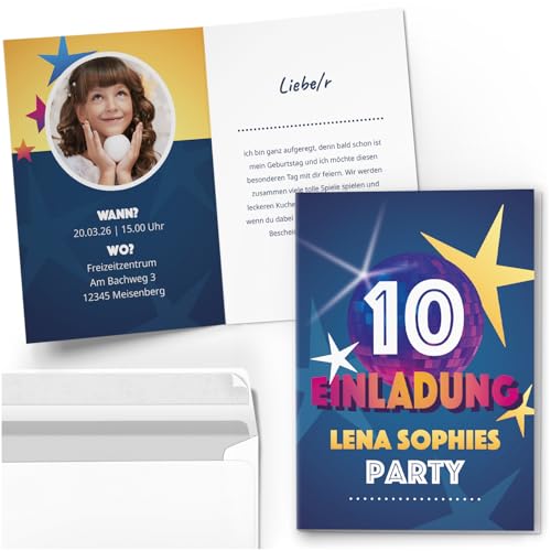 10 Einladungskarten Kindergeburtstag PERSONALISIERT mit Text und Foto | Disko Party | Kinder Geburtstag Einladung individuell anpassbar mit Umschlägen 10 Einladungskarten Kindergeburtstag PERSONALISIERT mit Text und Foto | Disko Party | Kinder Geburtstag Einladung individuell anpassbar mit Umschlägen von Einladungskarten Manufaktur Hamburg
