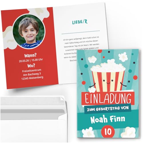 10 Einladungskarten Kindergeburtstag PERSONALISIERT mit Text und Foto | Kino Film Popcorn | Kinder Geburtstag Einladung individuell anpassbar mit Umschlägen 10 Einladungskarten Kindergeburtstag PERSONALISIERT mit Text und Foto | Kino Film Popcorn | Kinder Geburtstag Einladung individuell anpassbar mit Umschlägen von Einladungskarten Manufaktur Hamburg