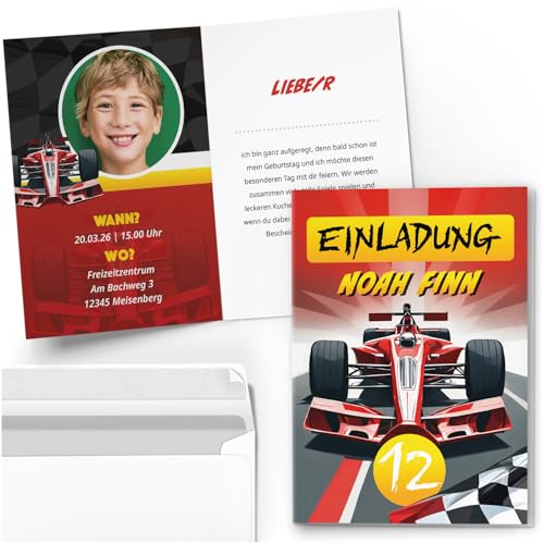 10 Einladungskarten Kindergeburtstag PERSONALISIERT mit Text und Foto | MOTIV Rennwagen Rennfahrer Auto | Kinder Geburtstag Einladung individuell anpassbar mit Umschlägen 10 Einladungskarten Kindergeburtstag PERSONALISIERT mit Text und Foto | MOTIV Rennwagen Rennfahrer Auto | Kinder Geburtstag Einladung individuell anpassbar mit Umschlägen von Einladungskarten Manufaktur Hamburg