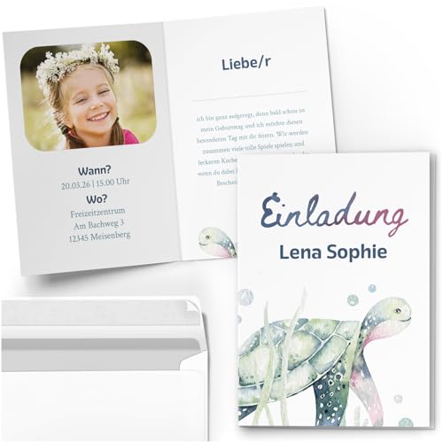 10 Einladungskarten Kindergeburtstag PERSONALISIERT mit Text und Foto | Niedliche Aquarell Schildkröte | Kinder Geburtstag Einladung individuell anpassbar mit Umschlägen 10 Einladungskarten Kindergeburtstag PERSONALISIERT mit Text und Foto | Niedliche Aquarell Schildkröte | Kinder Geburtstag Einladung individuell anpassbar mit Umschlägen von Einladungskarten Manufaktur Hamburg
