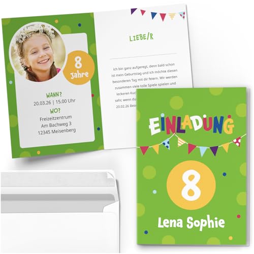 10 Einladungskarten Kindergeburtstag PERSONALISIERT mit Text und Foto | Party Wimpel Grün | Kinder Geburtstag Einladung individuell anpassbar mit Umschlägen 10 Einladungskarten Kindergeburtstag PERSONALISIERT mit Text und Foto | Party Wimpel Grün | Kinder Geburtstag Einladung individuell anpassbar mit Umschlägen von Einladungskarten Manufaktur Hamburg