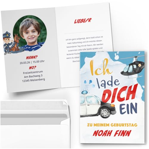 10 Einladungskarten Kindergeburtstag PERSONALISIERT mit Text und Foto | Polizei Polizist | Kinder Geburtstag Einladung individuell anpassbar mit Umschlägen 10 Einladungskarten Kindergeburtstag PERSONALISIERT mit Text und Foto | Polizei Polizist | Kinder Geburtstag Einladung individuell anpassbar mit Umschlägen von Einladungskarten Manufaktur Hamburg