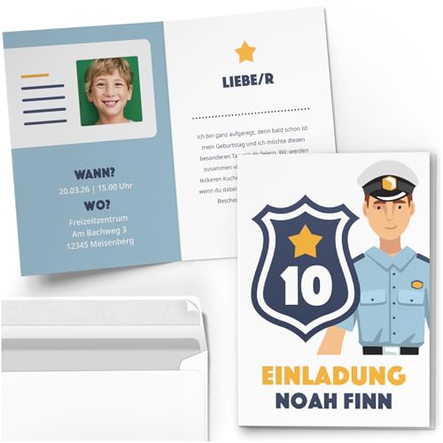 10 Einladungskarten Kindergeburtstag PERSONALISIERT mit Text und Foto | Polizist Polizei Blau | Kinder Geburtstag Einladung individuell anpassbar mit Umschlägen 10 Einladungskarten Kindergeburtstag PERSONALISIERT mit Text und Foto | Polizist Polizei Blau | Kinder Geburtstag Einladung individuell anpassbar mit Umschlägen von Einladungskarten Manufaktur Hamburg