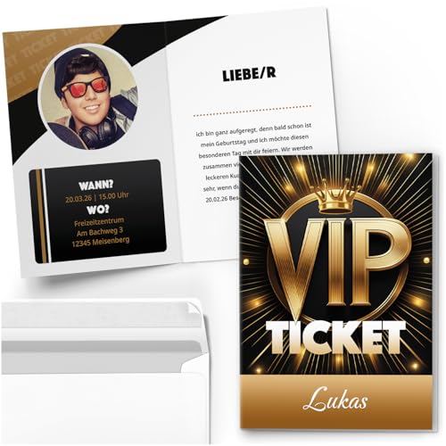 10 Einladungskarten Kindergeburtstag PERSONALISIERT mit Text und Foto | VIP Ticket Gold Look | Kinder Geburtstag Einladung individuell anpassbar mit Umschlägen 10 Einladungskarten Kindergeburtstag PERSONALISIERT mit Text und Foto | VIP Ticket Gold Look | Kinder Geburtstag Einladung individuell anpassbar mit Umschlägen von Einladungskarten Manufaktur Hamburg
