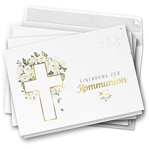 10 Einladungskarten Klappkarten Kommunion mit Umschlägen Motiv Kreuz Blumen Einladung zur Feier Jungen Mädchen edel kirchlich von Einladungskarten Manufaktur Hamburg