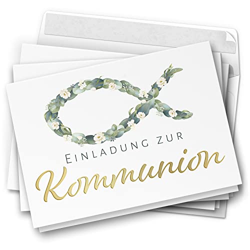 10 Einladungskarten Kommunion - Motiv Blätterfisch edel - moderne Klappkarten mit Umschlägen - Einladungen zu Kommunionsfeier Einladung Karten von Einladungskarten Manufaktur Hamburg