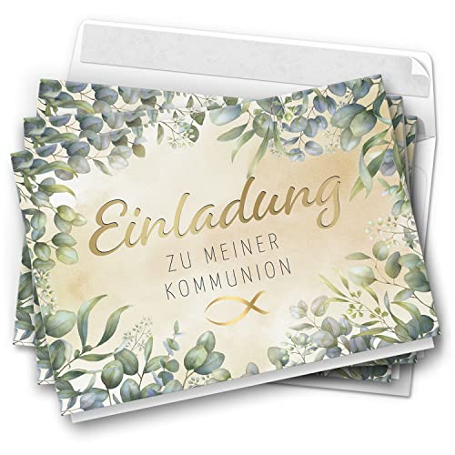 10 Einladungskarten Kommunion - Motiv Eukalyptus modern - moderne Klappkarten mit Umschlägen - Einladungen zu Kommunionsfeier Einladung Karten von Einladungskarten Manufaktur Hamburg