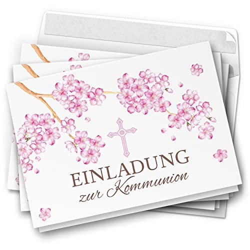 10 Einladungskarten Kommunion - Motiv Kirschblüte rosa - moderne Klappkarten mit Umschlägen - Einladungen zu Kommunionsfeier Einladung Karten von Einladungskarten Manufaktur Hamburg