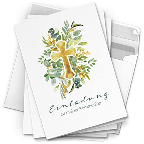10 Einladungskarten Kommunion -Motiv Modern Kreuz edel - moderne Klappkarten mit Umschlägen - Einladungen zu Kommunionsfeier Einladung Karten von Einladungskarten Manufaktur Hamburg