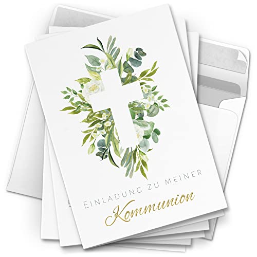 10 Einladungskarten Kommunion - Motiv großes Kreuz Blätter - moderne Klappkarten mit Umschlägen - Einladungen zu Kommunionsfeier Einladung Karten von Einladungskarten Manufaktur Hamburg