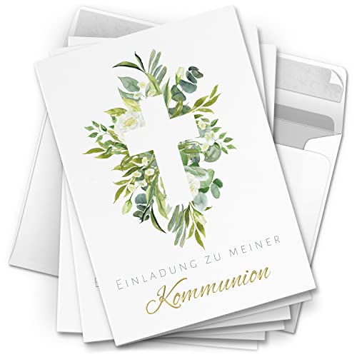 10 Einladungskarten Kommunion - Motiv großes Kreuz Blätter - moderne Klappkarten mit Umschlägen - Einladungen zu Kommunionsfeier Einladung Karten 10 Einladungskarten Kommunion - Motiv großes Kreuz Blätter - moderne Klappkarten mit Umschlägen - Einladungen zu Kommunionsfeier Einladung Karten von Einladungskarten Manufaktur Hamburg