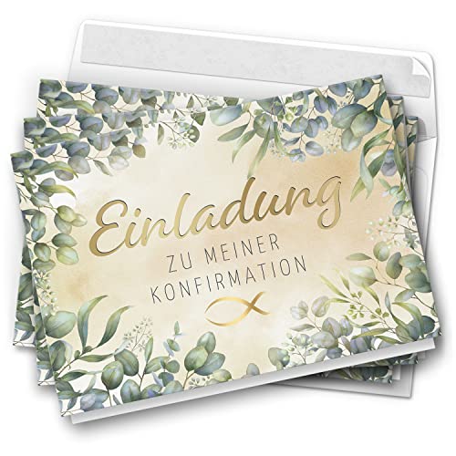 10 Einladungskarten Konfirmation - Motiv Eukalyptus modern - moderne Klappkarten mit Umschlägen - Einladungen zu Konfirmationsfeier Einladung Karten von Einladungskarten Manufaktur Hamburg