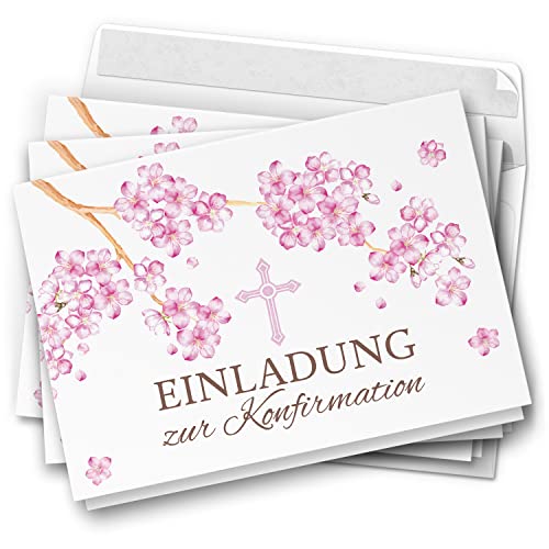 10 Einladungskarten Konfirmation - Motiv Kirschblüte rosa - moderne Klappkarten mit Umschlägen - Einladungen zu Konfirmationsfeier Einladung Karten von Einladungskarten Manufaktur Hamburg