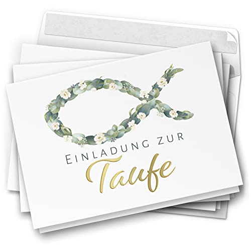 10 Einladungskarten Taufe - Motiv Blätterfisch edel - moderne Klappkarten mit Umschlägen - Einladungen zu Taufe Kirche Einladung Karten von Einladungskarten Manufaktur Hamburg