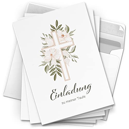 10 Einladungskarten Taufe - Motiv Magnolien Kreuz - moderne Klappkarten mit Umschlägen - Einladungen zu Taufe Kirche Einladung Karten von Einladungskarten Manufaktur Hamburg