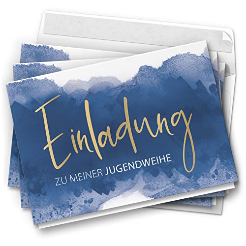 10 Jugendweihe Einladungskarten Jungen - Motiv Blau Aquarell Hintergrund - moderne Einladungen Klappkarten mit Umschlägen von Einladungskarten Manufaktur Hamburg