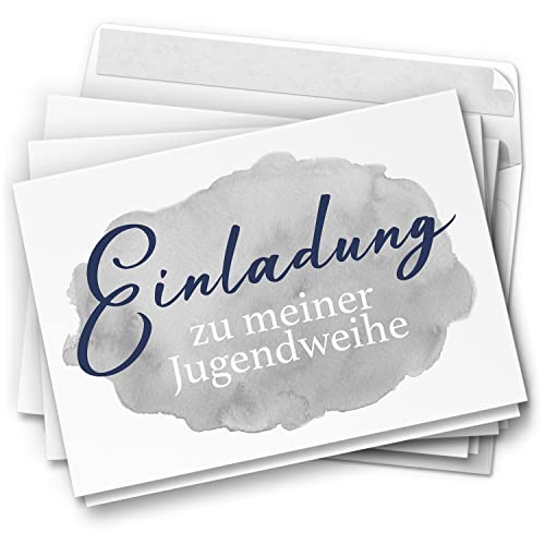 10 Jugendweihe Einladungskarten Jungen - Motiv Blau Grau Aquarell Fleck - moderne Einladungen Klappkarten mit Umschlägen von Einladungskarten Manufaktur Hamburg