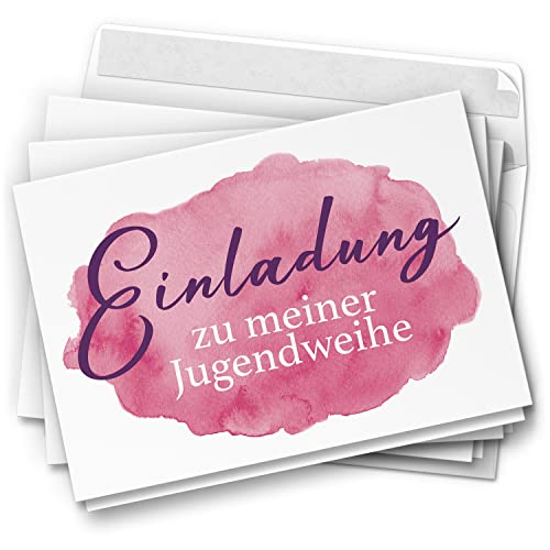 10 Jugendweihe Einladungskarten Mädchen - Motiv Rosa Aquarell Fleck - moderne Einladungen Klappkarten mit Umschlägen von Einladungskarten Manufaktur Hamburg