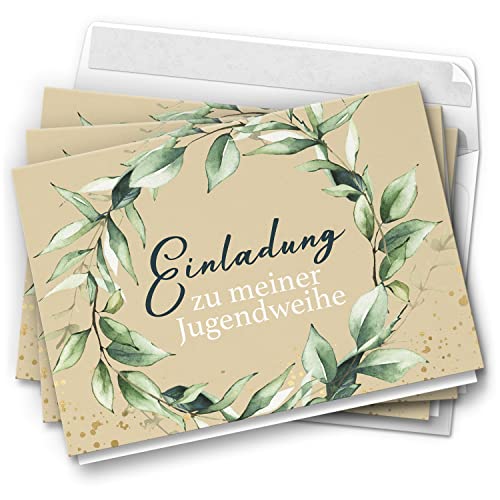 10 Jugendweihe Einladungskarten - Motiv Kranz auf Beige - moderne Einladungen Klappkarten mit Umschlägen 10 Jugendweihe Einladungskarten - Motiv Kranz auf Beige - moderne Einladungen Klappkarten mit Umschlägen von Einladungskarten Manufaktur Hamburg