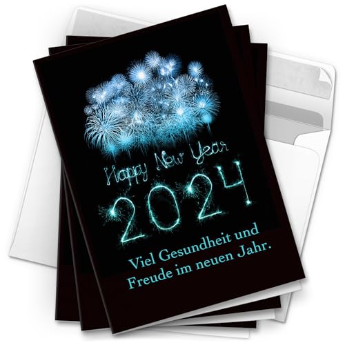10 Neujahrskarten Grußkarten 2024 Neujahr Silvester - Klappkarten mit Umschlägen - Neujahrsgrüße Blaues Feuerwerk Happy New Year von Einladungskarten Manufaktur Hamburg