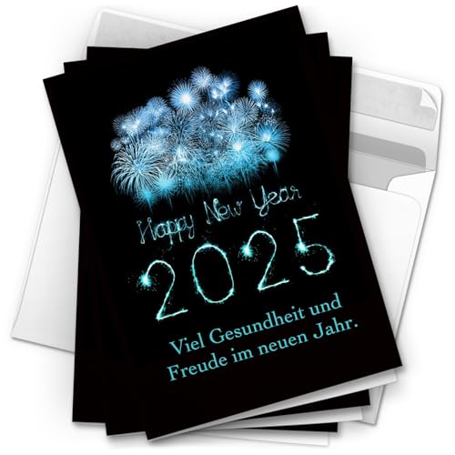 10 Neujahrskarten Grußkarten 2024 Neujahr Silvester - Klappkarten mit Umschlägen - Neujahrsgrüße Blaues Feuerwerk Happy New Year von Einladungskarten Manufaktur Hamburg