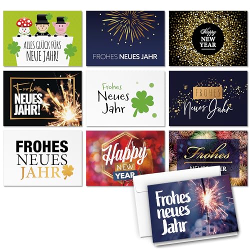 10 Neujahrskarten Grußkarten 2024 Neujahr Silvester - Klappkarten mit Umschlägen - Neujahrsgrüße Mix Set 10 Motive von Einladungskarten Manufaktur Hamburg