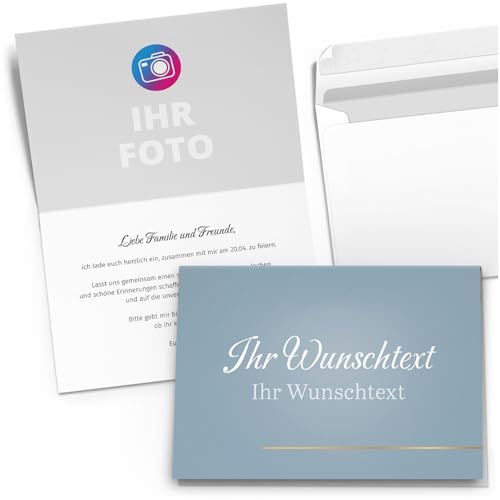10 PERSONALISIERTE Einladungskarten für Geburtstag Hochzeit Kommunion Konfirmation Jugendweihe Einladung Karten mit eigenem Text und Foto Gold Look Blau Grau von Einladungskarten Manufaktur Hamburg
