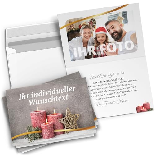 10 Personalisierte Weihnachtskarten mit Ihrem Text und Foto - Klassisch Kerzen 1 - individueller Weihnachtsgruß edel Grußkarte Weihnachten Klappkarten mit Umschlägen von Einladungskarten Manufaktur Hamburg