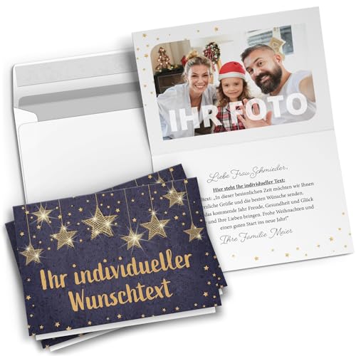 10 Personalisierte Weihnachtskarten mit Ihrem Text und Foto - Sterne auf Blau 1 - individueller Weihnachtsgruß edel Grußkarte Weihnachten Klappkarten mit Umschlägen von Einladungskarten Manufaktur Hamburg
