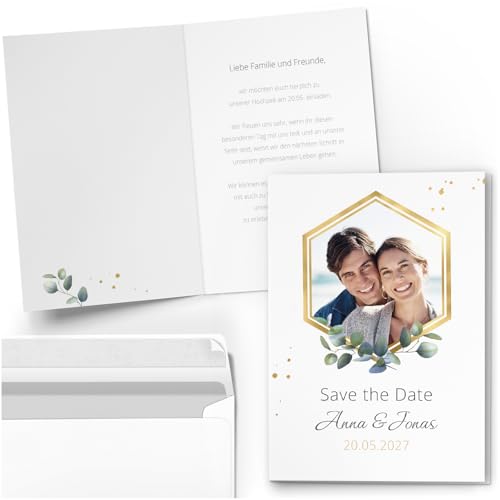 10 Save The Date Karten Hochzeit | personalisiert mit Foto und Text | Eukalyptus Hochzeitseinladungskarten Einladung doppelseitig | Karten mit Umschlägen von Einladungskarten Manufaktur Hamburg