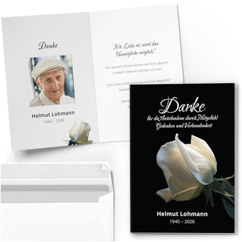 10 Trauerkarten Danksagungen Dankeskarten PERSONALISIERT mit Text und Foto | Individuell anpassbare Trauer Klappkarten mit Briefumschlägen | Danke Karten weiße Rose von Einladungskarten Manufaktur Hamburg