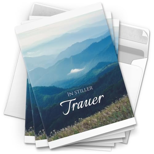 10 Trauerkarten mit Umschlag – Einladung zur Beerdigung oder Trauerfeier | Abschied | Hochwertige Klappkarten zur Todesanzeige – Motiv: Berge Nebel 10 Trauerkarten mit Umschlag – Einladung zur Beerdigung oder Trauerfeier | Abschied | Hochwertige Klappkarten zur Todesanzeige – Motiv: Berge Nebel von Einladungskarten Manufaktur Hamburg